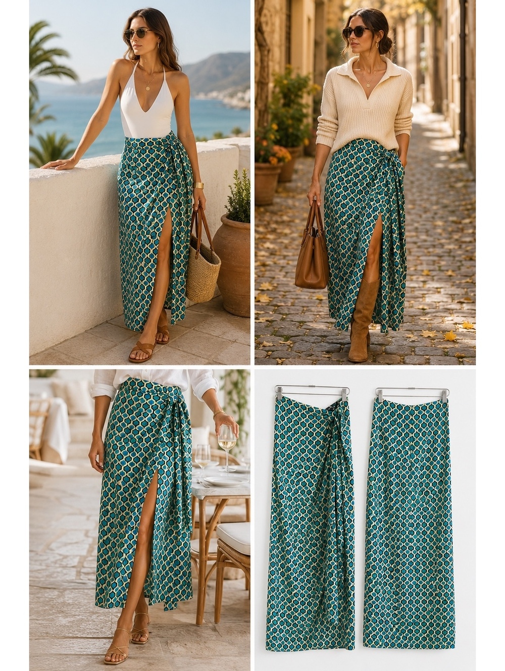 Zara Women’s M Geometric Print Wrap Midi Skirt Teal Green Blue Resort Boho